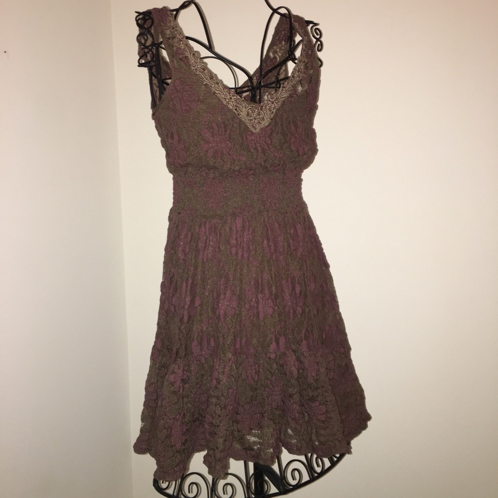 Free People Embroidered dress XS burgundy brown slip